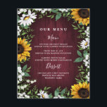 Burgundy Red Sunflower Greenery Wedding Menu Cards<br><div class="desc">Template design features a burgundy red barn wood background decorated with a watercolor wreath of daisies,  sunflowers,  greenery,  eucalyptus,  baby's breath,  and lily of the valley. This botanical design features a matching garden wreath on the back. View the collection on this page to find coordinating items.</div>