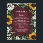 Burgundy Red Sunflower Greenery Wedding Menu Cards<br><div class="desc">Template design features a burgundy red barn wood background decorated with a watercolor wreath of daisies,  sunflowers,  greenery,  eucalyptus,  baby's breath,  and lily of the valley. This botanical design features a matching garden wreath on the back. View the collection on this page to find coordinating items.</div>