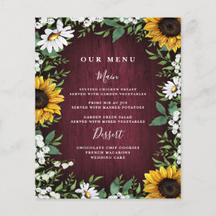 Burgundy Red Sunflower Greenery Wedding Menu Cards