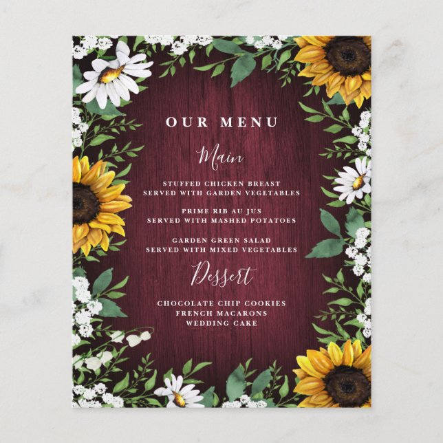Burgundy Red Sunflower Greenery Wedding Menu Cards (Front)