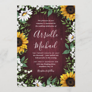 Burgundy Red Sunflower Greenery Wreath Wedding Invitation
