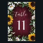 Burgundy Red Sunflower Greenery Wreath Wedding Table Number<br><div class="desc">Template design features a burgundy red barn wood background decorated with a watercolor wreath of daisies,  sunflowers,  greenery,  eucalyptus,  baby's breath,  and lily of the valley. This botanical design features a matching garden wreath on the back. View the collection on this page to find coordinating items.</div>