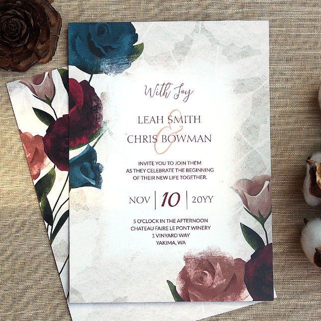 Burgundy, Red, Teal, Beige Roses Wedding  Invitation (teal green, burgundy, rose gold roses wedding invitations, botanical vintage garden wedding)