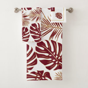 Burgundy red tropical leaves and monogram bath towel set