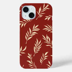 Burgundy Red Tropical Palm Leaf Floral Pattern iPhone 15 Case