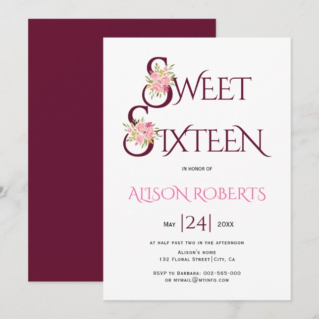 Burgundy red typography, pink roses sweet sixteen invitation (Front/Back)