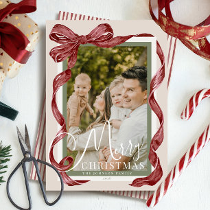 Burgundy Red Watercolor Bow Merry Christmas Photo Holiday Card