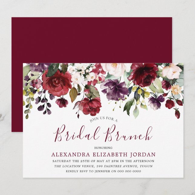 Burgundy Red Watercolor Bridal Shower Brunch Invitation (Front/Back)