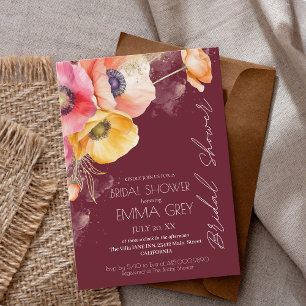 Burgundy & Red Watercolor Floral Bridal Shower Invitation