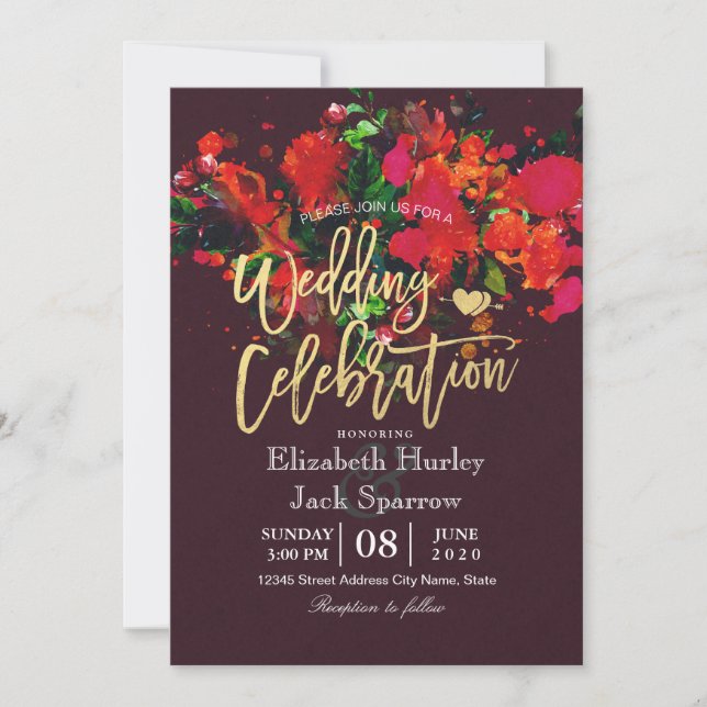 Burgundy Red Watercolor Floral Gold Script Wedding Invitation (Front)