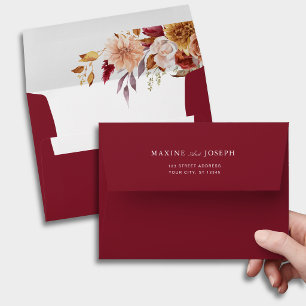 Burgundy Red Watercolor Floral Wedding Envelope