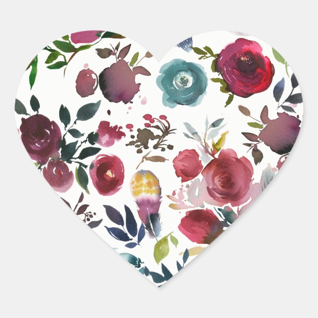 Burgundy Red Watercolor Floral Wedding Heart Seal (Front)
