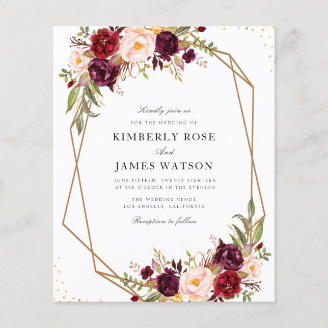 Burgundy red watercolor floral wedding invitation (Front)