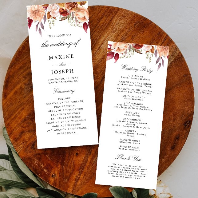 Burgundy Red Watercolor Floral Wedding Programme (Personalized burgundy floral wedding program elegantly guides guests through your ceremony.)