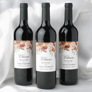 Burgundy Red Watercolor Floral Wedding Wine Label