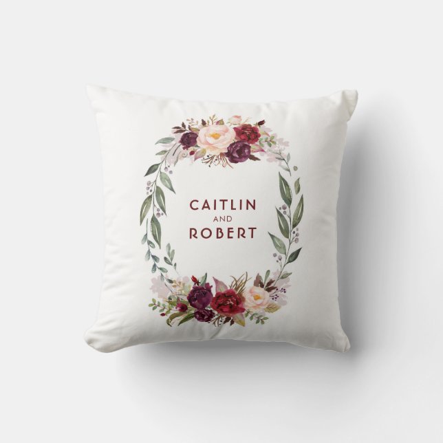 Burgundy Red Watercolor Flowers Elegant Romantic Cushion (Front)