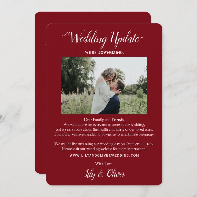Burgundy Red Wedding Update 2 Photo Downsizing Announcement (Front/Back)