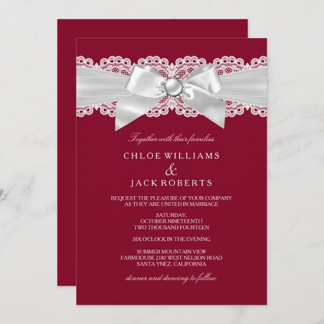 Burgundy Red Wedding White Pearl Bow Wedding Invitation (Front/Back)