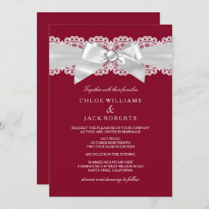 Burgundy Red Wedding White Pearl Bow Wedding Invitation