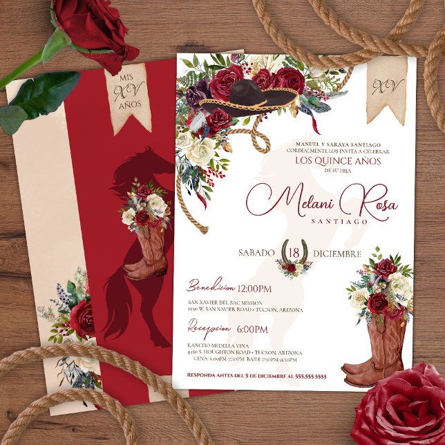 Burgundy Red Western Charro Spanish Quinceanera Invitation (Creator Uploaded)