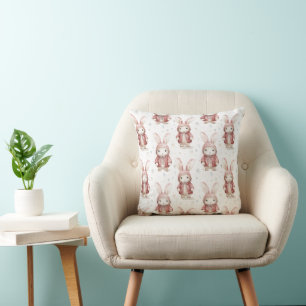 Burgundy Red White Bunnies Stripes Cushion