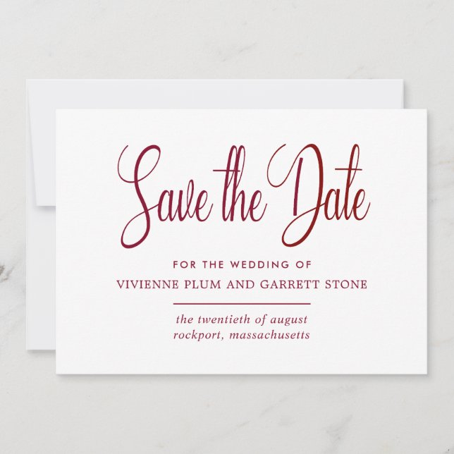 Burgundy Red & White Calligraphy Save the Date (Front)