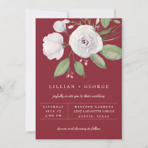 Burgundy Red White Floral Bouquet Wedding Announcement