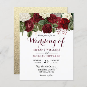 Burgundy Red & White Floral Budget Wedding Invite