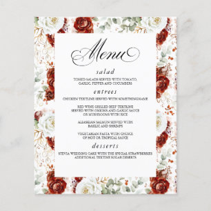 Burgundy Red White Floral Elegant Wedding Menu