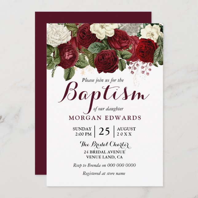 Burgundy Red White Floral Neutral Baptism Invite (Front/Back)