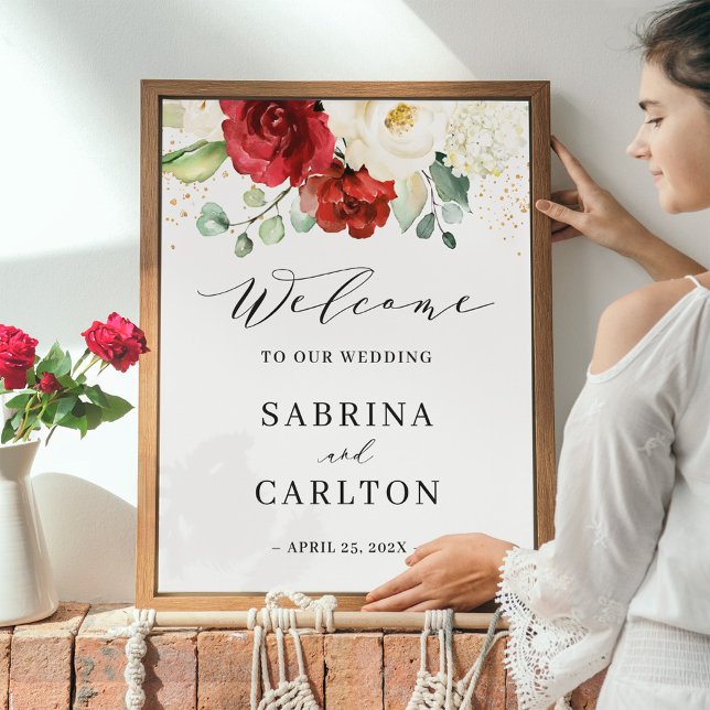 Burgundy Red White Floral Wedding Welcome Sign (Creator Uploaded)