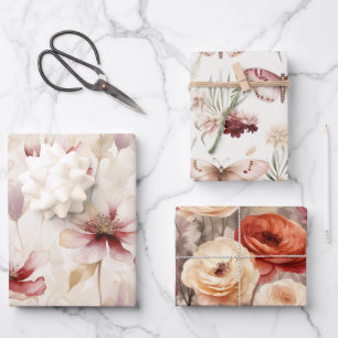 Burgundy Red White Flowers Butterflies Wrapping Paper Sheet
