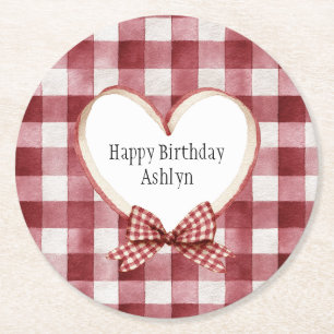 Burgundy Red White Heart Ribbon Birthday Round Paper Coaster
