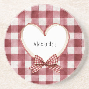 Burgundy Red White Heart Ribbon Valentine's Day Coaster