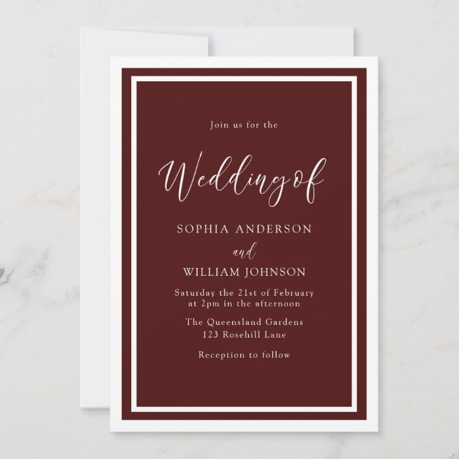 Burgundy Red White Modern Elegant Simple Wedding Invitation (Front)