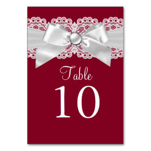 Burgundy Red White Pearl Bow Table Number Card