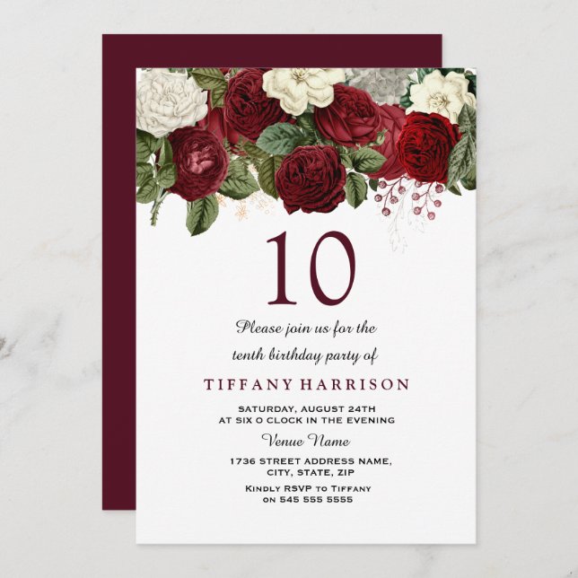 Burgundy Red White Rose 10th Birthday Party Invite (Front/Back)