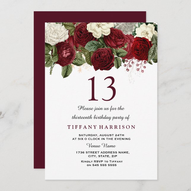 Burgundy Red White Rose 13th Birthday Party Invite (Front/Back)