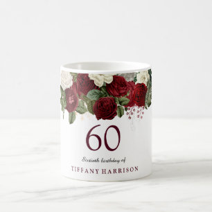 Burgundy Red White Rose 60th Birthday Favour Gift Coffee Mug