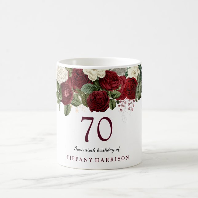 Burgundy Red White Rose 70th Birthday Favour Gift Coffee Mug (Center)