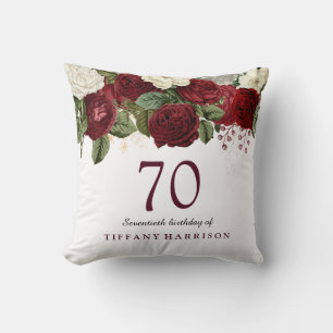 Burgundy Red White Rose 70th Birthday Gift Cushion
