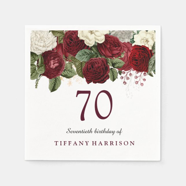 Burgundy Red White Rose 70th Birthday Party Napkin (Front)