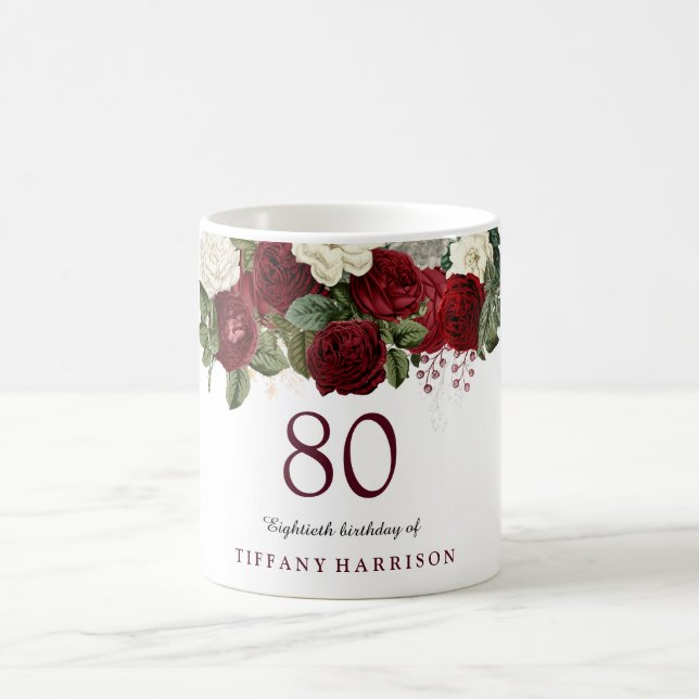 Burgundy Red White Rose 80th Birthday Favour Gift Coffee Mug (Center)