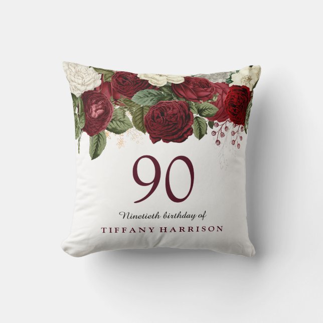 Burgundy Red White Rose 90th Birthday Gift Cushion (Front)