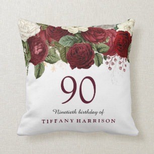 Burgundy Red White Rose 90th Birthday Gift Cushion