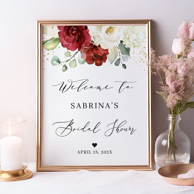 Burgundy Red White Rose Floral Bridal Shower Sign (Creator Uploaded)