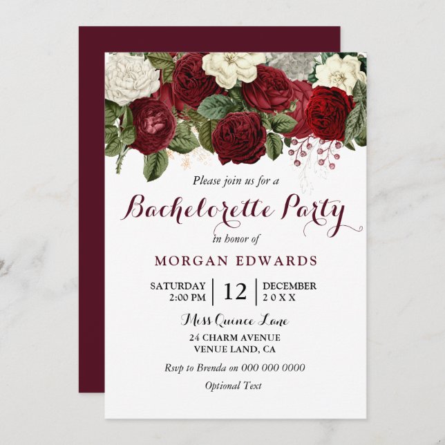 Burgundy Red White Roses Bachelorette Party Invitation (Front/Back)