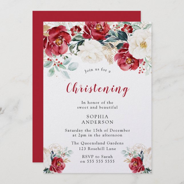 Burgundy Red White Shimmer Christening Baptism  Invitation (Front/Back)