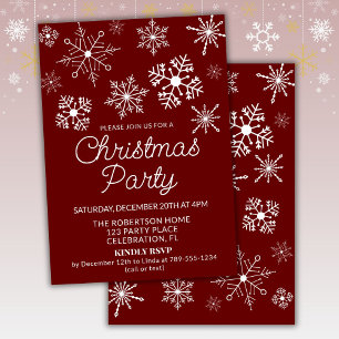 Burgundy Red White Snowflakes Christmas Party Invitation