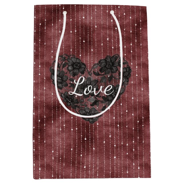 Burgundy Red White Stripes Black Faux Lace Heart  Medium Gift Bag (Front)